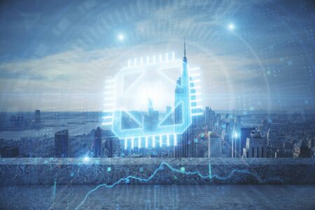 Data theme hologram drawing on city view with skyscrapers background double exposure. Technology...