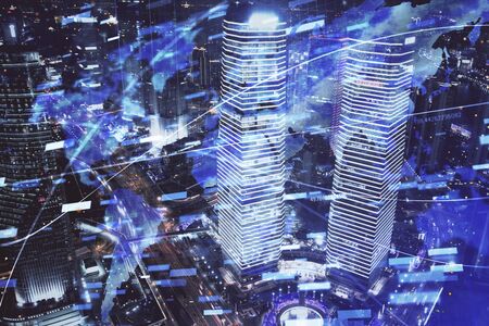 Data theme hologram drawing on city view with skyscrapers background multi exposure. Ai concept.