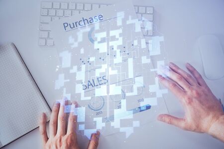 Man hands with data theme double exposure icons.の写真素材