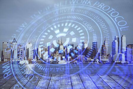 Data theme hologram drawing on city view with skyscrapers background double exposure. Technology...