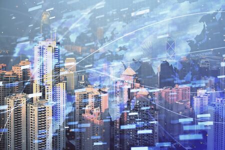 Data theme hologram drawing on city view with skyscrapers background double exposure. Technology...