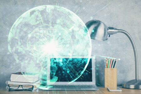 Double exposure of business theme icons and work space with computer background. Concept of success.の写真素材