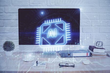 Double exposure of table with computer on background and data theme hologram. Data technology concept.の写真素材