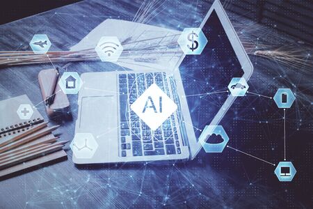 Multi exposure of table with computer on background and data theme drawing. Concept of innovation.の写真素材