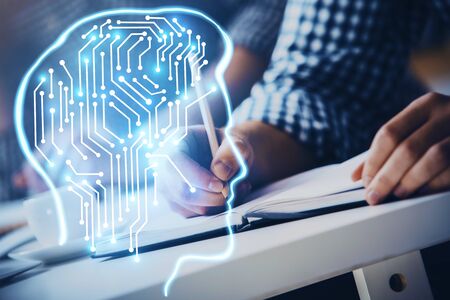 Man's hands with atificial intelligence double exposure icon. Concept of computer learning.