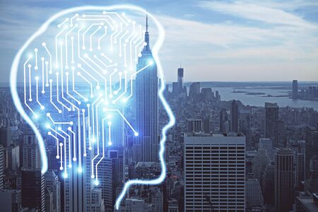 Brain hologram drawing on cityscape background multi exposure. Ai in modern city concept.