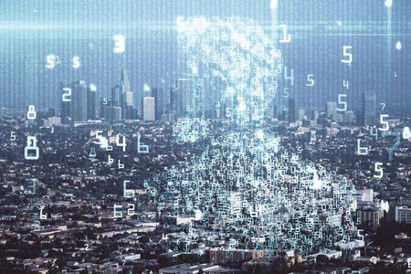 Data theme hologram drawing on city view with skyscrapers background double exposure. Technology...