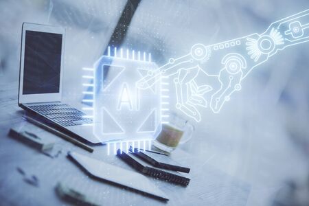 Double exposure of table with computer on background and data theme drawing. Concept of innovation.