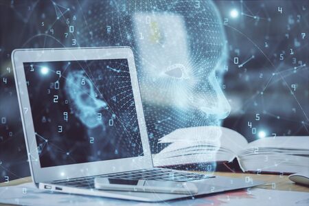 Double exposure of desktop with computer and brain drawing hologram. Artificial intelligence concept.の写真素材