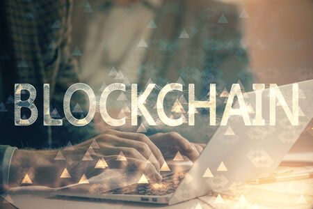 Blockchain theme hud with man working on computer on background. Concept of crypto chain. Double...