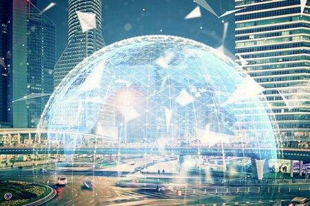 Double exposure of business theme hologram drawing and city veiw background. Concept of success.の写真素材