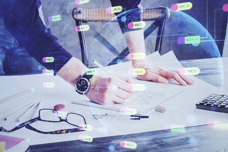 Writing man with technology icons. . Double exposure. Network and data concept.の写真素材