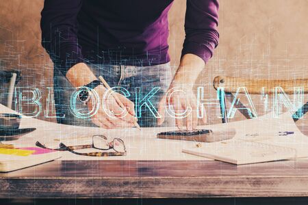Businessman with hands background. Crypto currency concept.