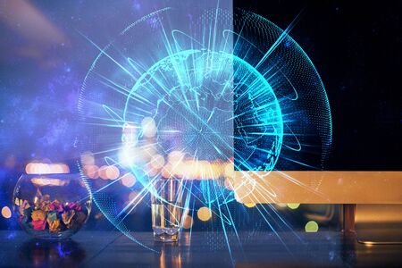 Double exposure of business theme icons and work space with computer background. Concept of success.の写真素材