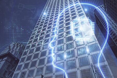 Brain hologram drawing on city scape background Double exposure. Brainstorming concept.