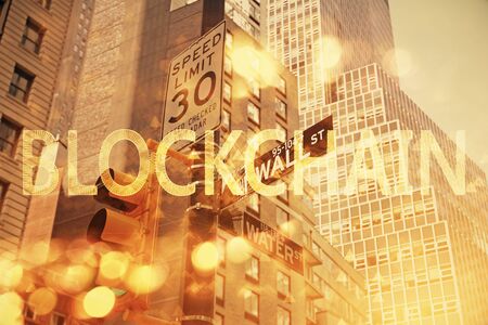 Double exposure of crypto currency theme hologram drawing and city veiw background. Concept of blockchain and bitcoin.の写真素材