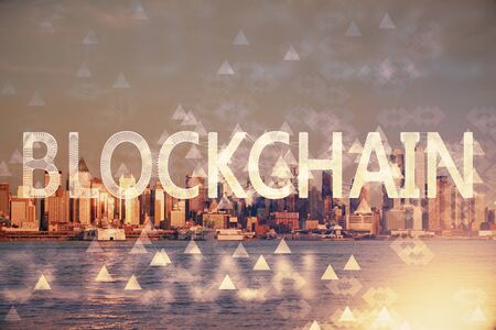 Double exposure of crypto currency theme hologram drawing and city veiw background. Concept of blockchain and bitcoin.の写真素材