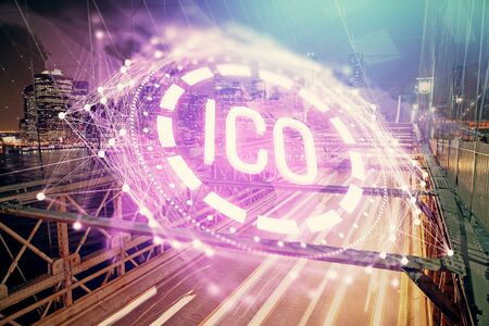 Multi exposure of cryptocurrency theme hologram drawing and city veiw background. Concept of blockchain and bitcoin.の写真素材