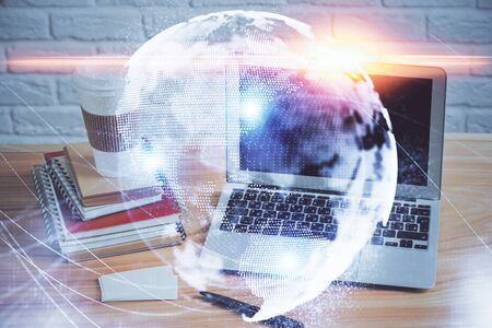 Multi exposure of business theme icons and table with computer background. Concept of success.の写真素材