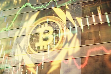 Multi exposure of cryptocurrency theme hologram drawing and city veiw background. Concept of blockchain and bitcoin.の写真素材