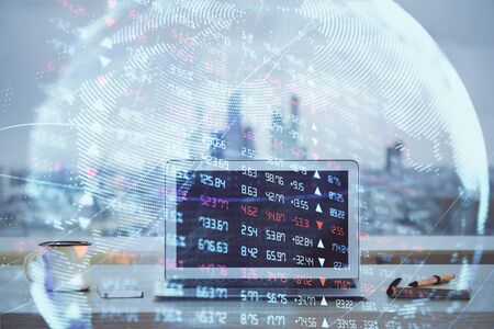 Multi exposure of business theme icons and table with computer background. Concept of success.の写真素材