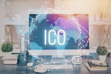 Double exposure of blockchain and crypto economy theme hologram and table with computer background. Concept of bitcoin cryptocurrency.の写真素材