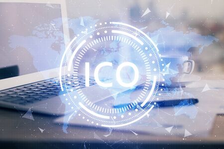 Double exposure of blockchain and crypto economy theme hologram and table with computer background. Concept of bitcoin cryptocurrency.の写真素材