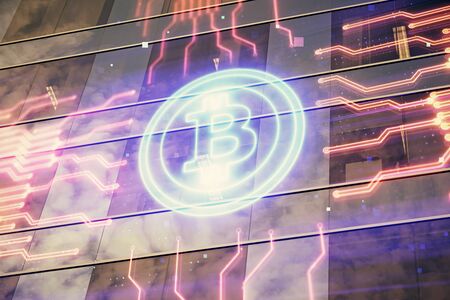 Multi exposure of cryptocurrency theme hologram drawing and city veiw background. Concept of blockchain and bitcoin.の写真素材