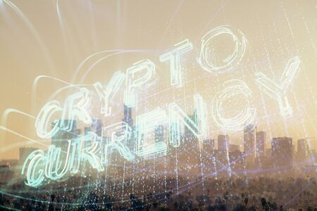 Double exposure of crypto currency theme hologram drawing and city veiw background. Concept of blockchain and bitcoin.の写真素材