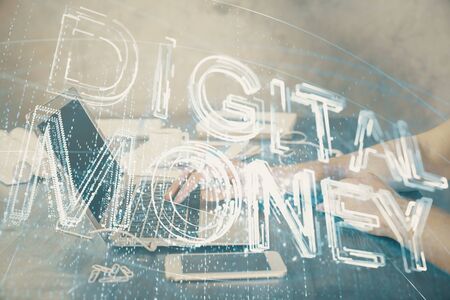 Blockchain theme hologram with man working on computer on background. Concept of crypto chain. Double exposure.の写真素材