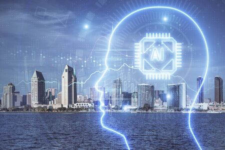 Brain hologram drawing on cityscape background multi exposure. Ai in modern city concept.の写真素材