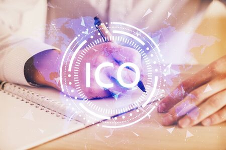 Businessman with hands background. Crypto currency concept.の写真素材