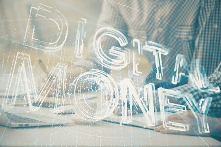 Blockchain theme hologram with man working on computer on background. Concept of crypto chain. Double exposure.の写真素材
