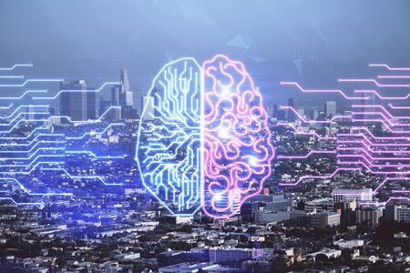 Brain hologram drawing on cityscape background multi exposure. Ai in modern city concept.の写真素材