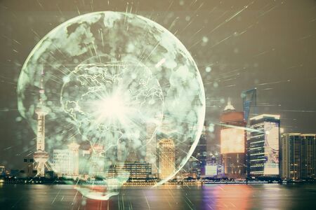 Double exposure of business theme hologram drawing and city veiw background. Concept of success.の写真素材