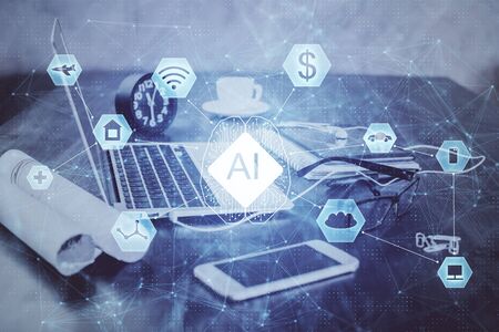 Double exposure of table with computer on background and data theme drawing. Concept of innovation.の写真素材