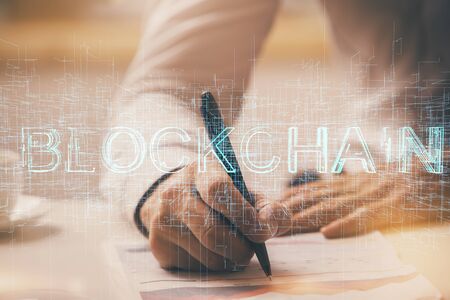 Businessman with hands background. Crypto currency concept.の写真素材