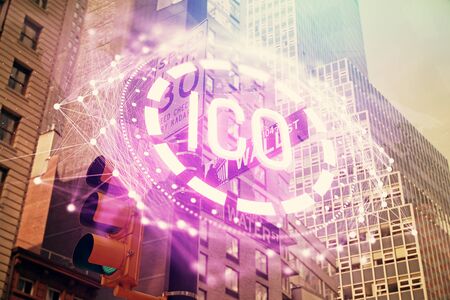 Double exposure of crypto currency theme hologram drawing and city veiw background. Concept of blockchain and bitcoin.の写真素材