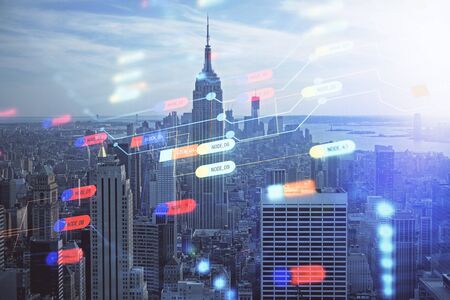 Data theme hologram drawing on city view with skyscrapers background double exposure. Technology...