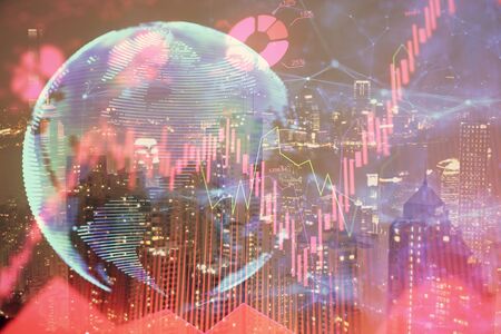 Double exposure of business theme hologram drawing and city veiw background. Concept of success.の写真素材
