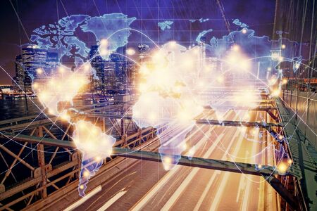 Double exposure of business theme hologram drawing and city veiw background. Concept of success.