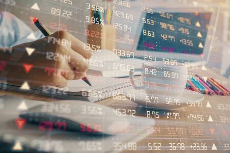 Financial chart drawn over hands taking notes background. Concept of research. Multi exposure