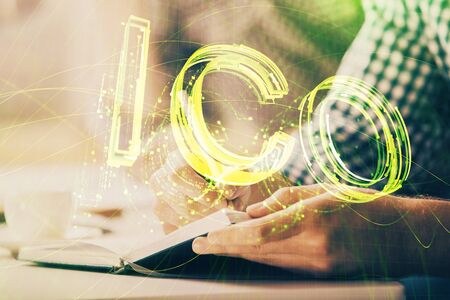 Businessman with hands background. Crypto currency concept.の写真素材
