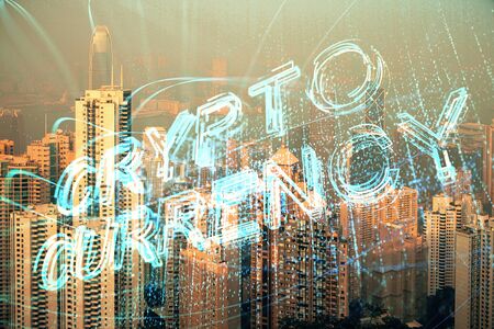 Double exposure of crypto currency theme hologram drawing and city veiw background. Concept of...