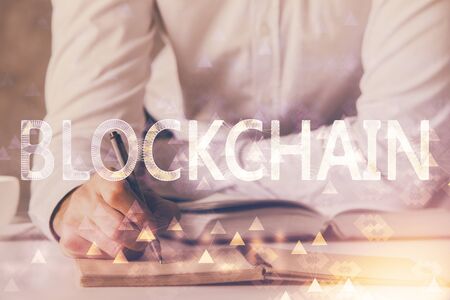 Businessman with hands background. Crypto currency concept.の写真素材