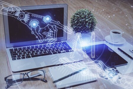 Double exposure of table with computer on background and data theme drawing. Concept of innovation.の写真素材