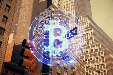 Double exposure of crypto currency theme hologram drawing and city veiw background. Concept of...