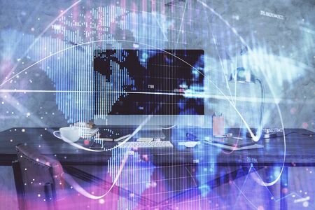 Multi exposure of business theme icons and table with computer