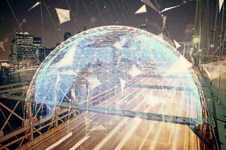 Double exposure of business theme hologram drawing and city veiw background. Concept of success.の写真素材