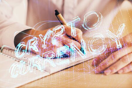 Businessman with hands background. Crypto currency concept.の写真素材